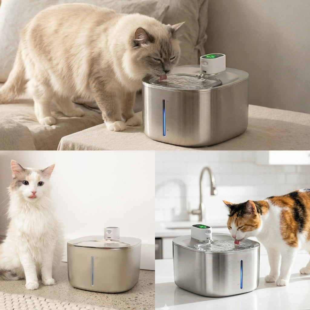 Katten drinken uit de KatSpout Draadloze Kattenfontein